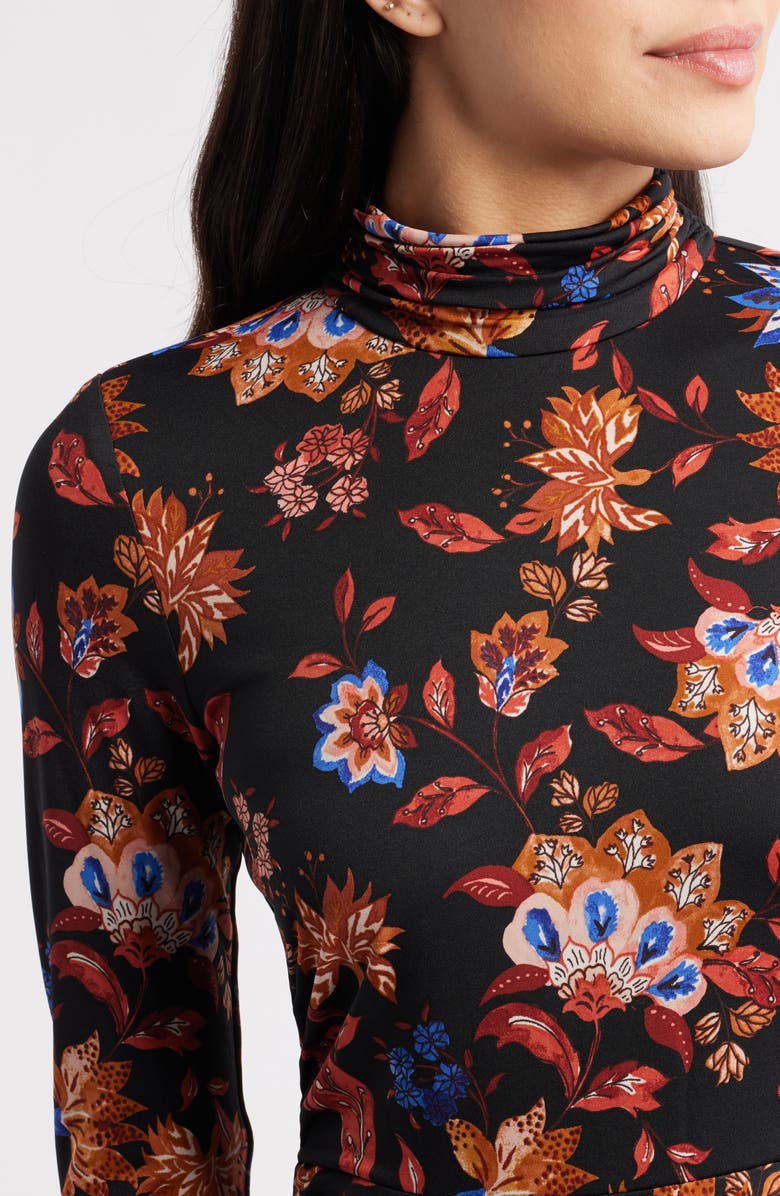 Julia Jordan Floral Mock Neck Long Sleeve Midi Dress, Alternate, color, Black Multi