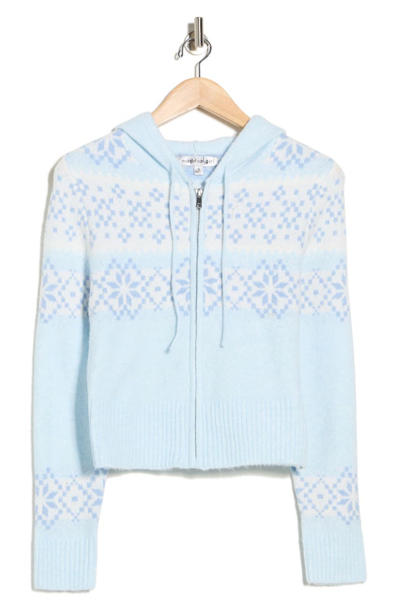 Madden Girl Fair Isle Jacquard Zip Front Hooded Cardigan, Alternate, color, Icy Teal Combo