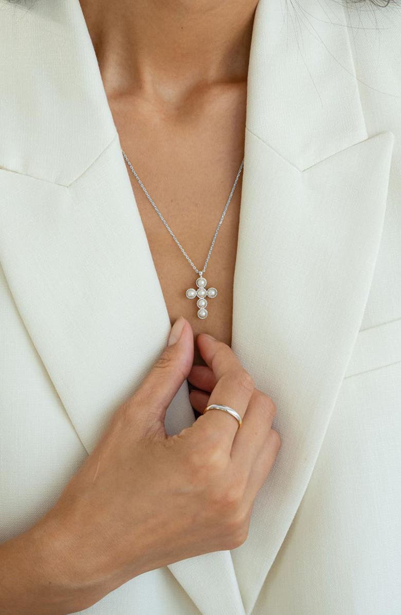 Bearfruit Jewelry Sterling Silver 18k Gold Plated Victoria Cross Pearl Necklace Holiday Gift Idea, Alternate, color, Silver