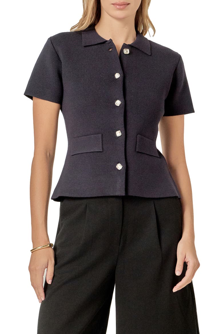 Short Sleeve Button Front Cardigan, Main, color, BLACK
