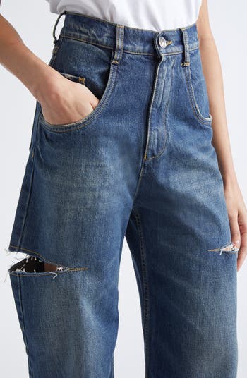 Ripped Cutout High Waist Straight Leg Jeans