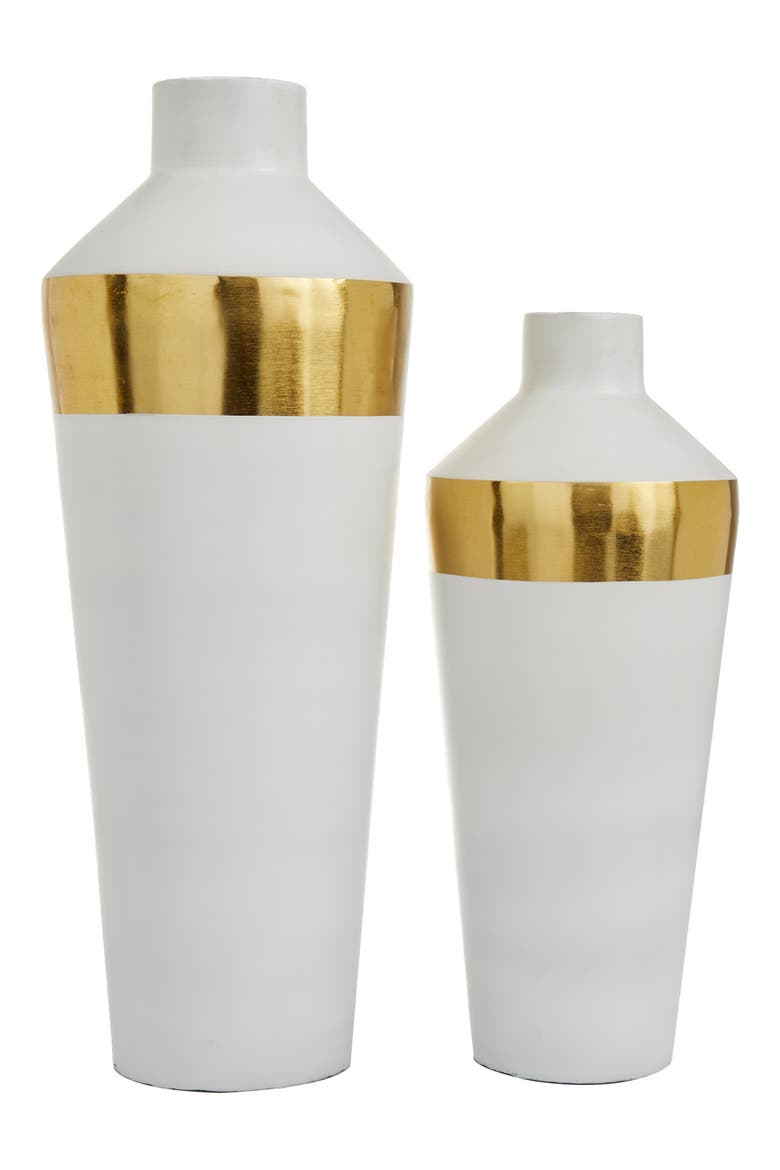 White Metal Vase with Gold Band - Set of 2, Main, color, WHITE