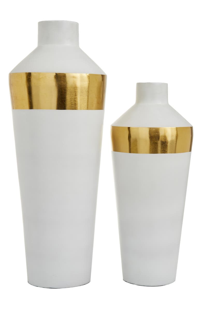 VIVIAN LUNE HOME White Metal Vase with Gold Band - Set of 2, Main, color, 