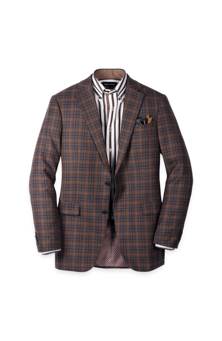 Paul Fredrick Wool Blend Plaid Single Breasted Notch Lapel Sport Coat, Main, color, Brown/Navy