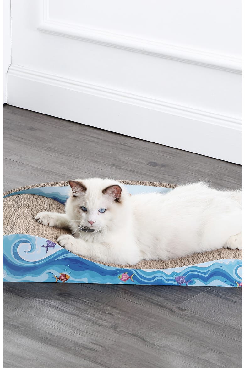 Kokomo Coastal Cardboard Lounge Bed Cat Scratcher with Catnip, Alternate, color, Blue/Orange