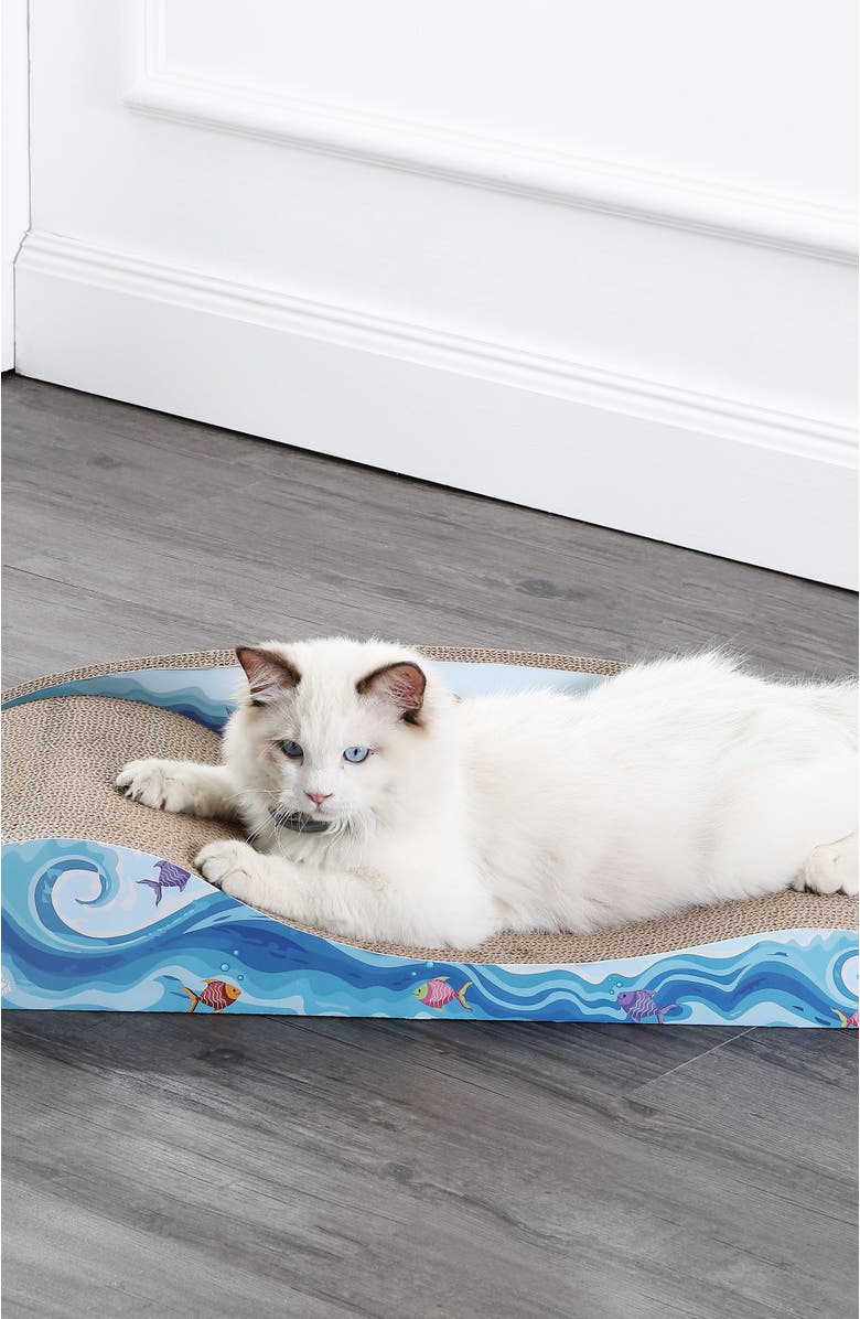 The Licker Store Kokomo 23.75" Coastal Cardboard Lounge Bed Cat Scratcher with Catnip, Alternate, color, Blue/Orange