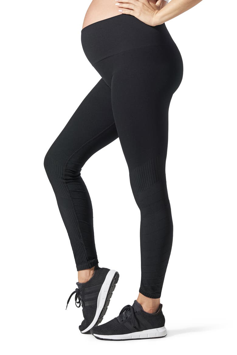 SportSupport Hipster Cuff Contour Support Maternity/Postpartum Leggings, Main, color, BLACK