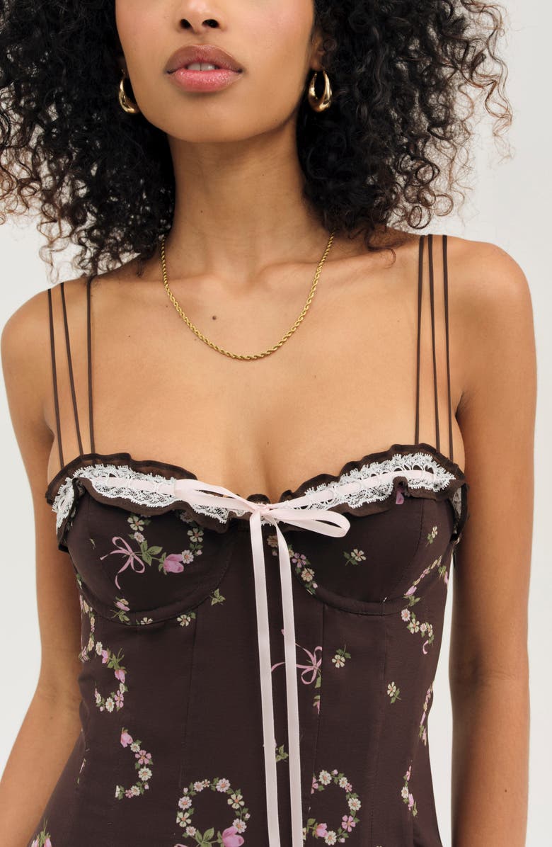 For Love & Lemons Kate Floral Cotton Blend Minidress, Alternate, color, Brown