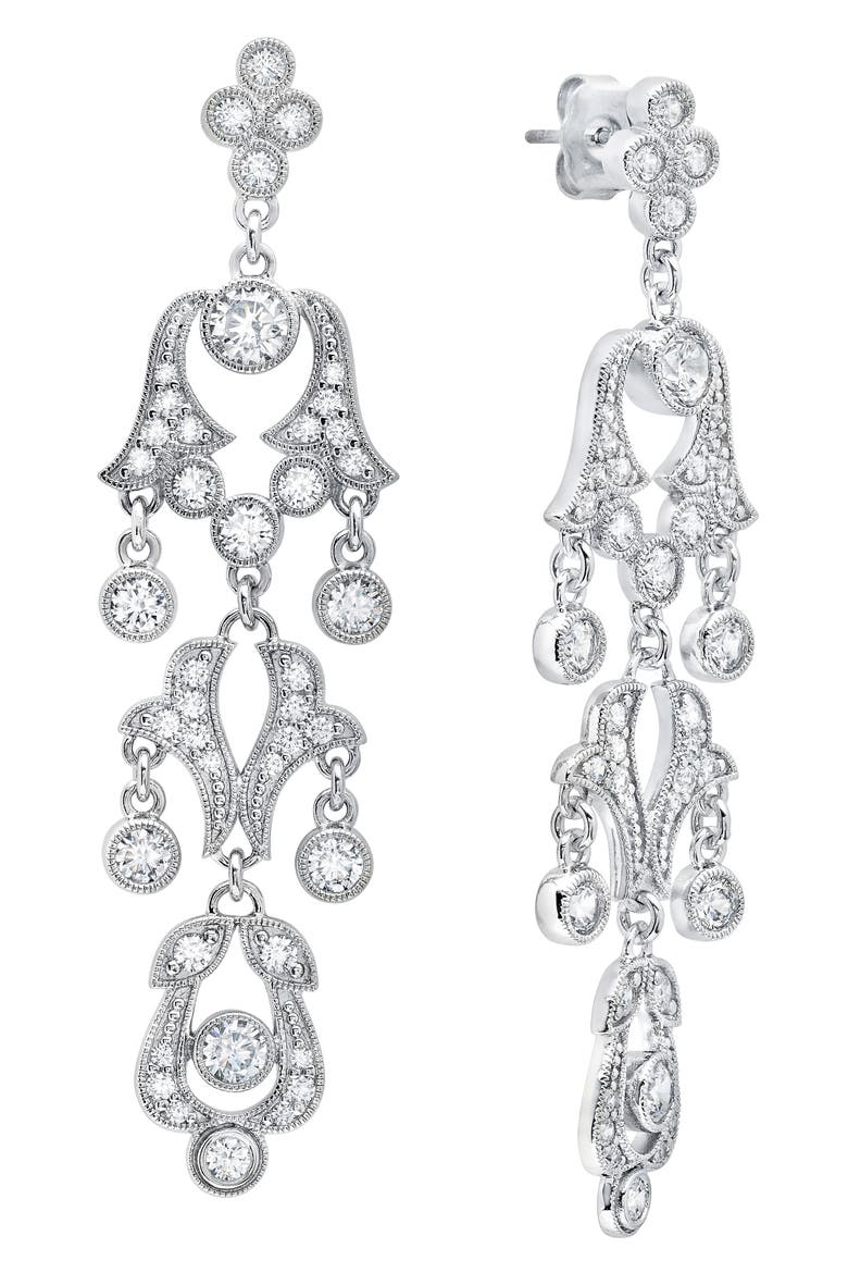 x Andrew Prince Scrool Crystal Drop Earrings, Main, color, PLATINUM