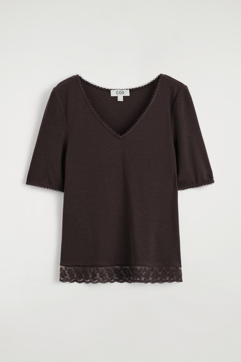 Lace-Trimmed Ribbed V-Neck T-Shirt, Alternate, color, DARK BROWN