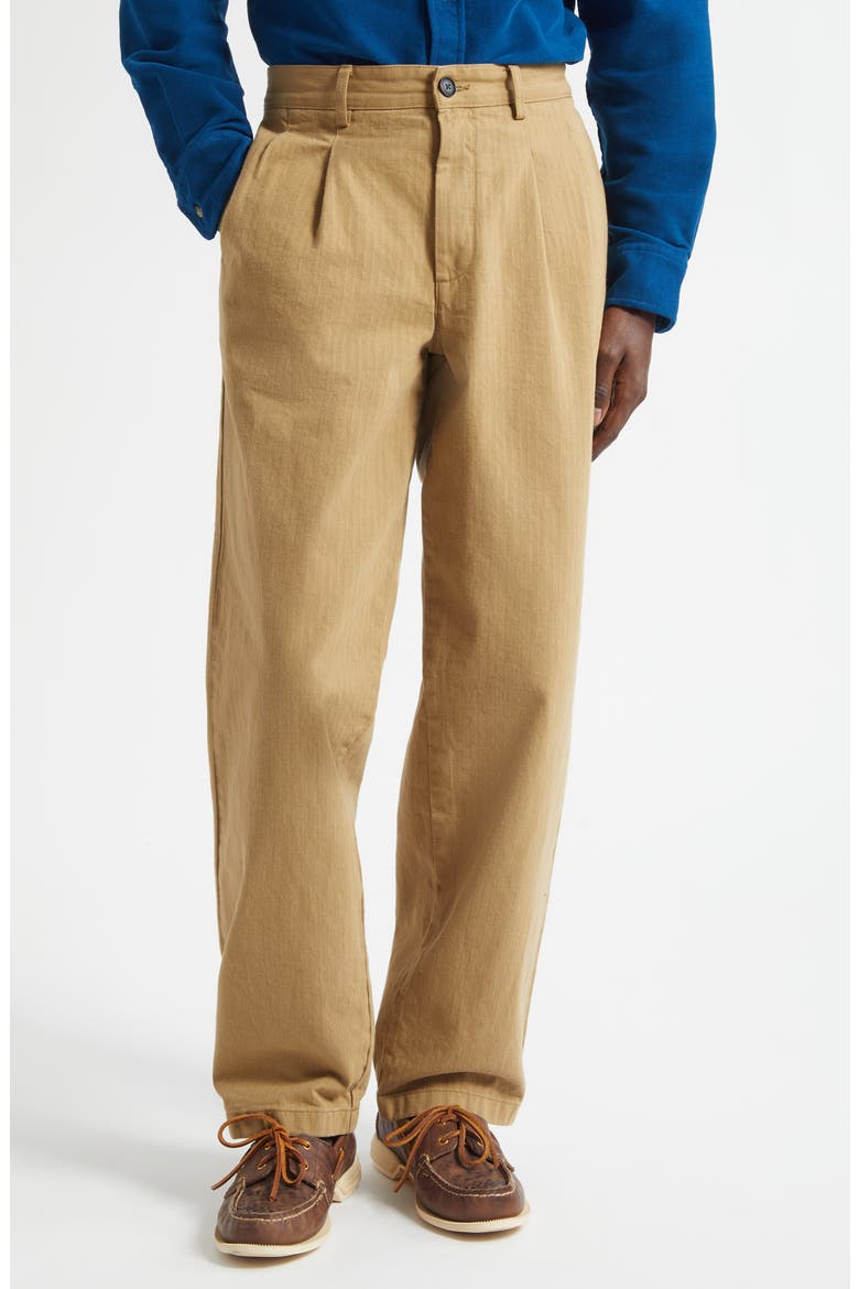 Double Pleat Cotton Herringbone Pants, Main, color, KHAKI
