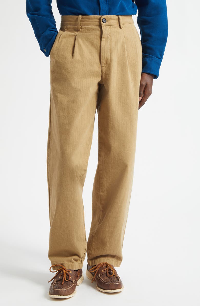 Noah Double Pleat Cotton Herringbone Pants, Main, color, Khaki