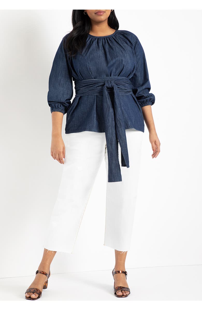 ELOQUII Dramatic Faux Wrap Top, Alternate, color, Dark Wash
