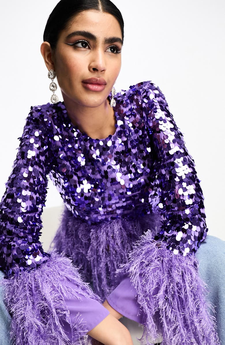 ASOS DESIGN Faux Feather Trim Top, Alternate, color,