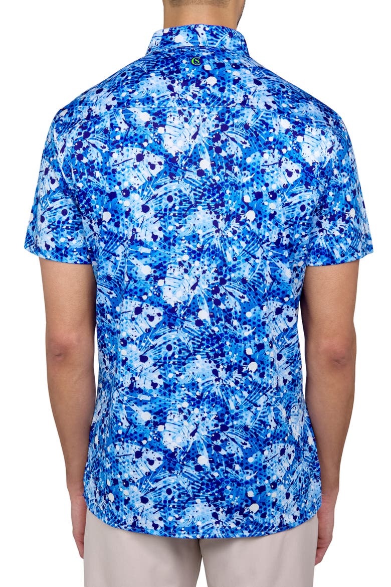 Regular Fit Palm Splatter Print Recycled Performance Golf Button-Down Shirt, Alternate, color, MULTI