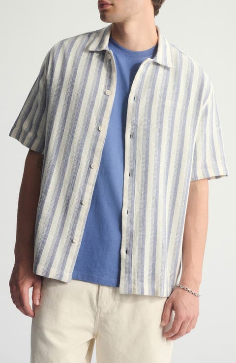 Stripe Short Sleeve Cotton Button-Up Shirt
