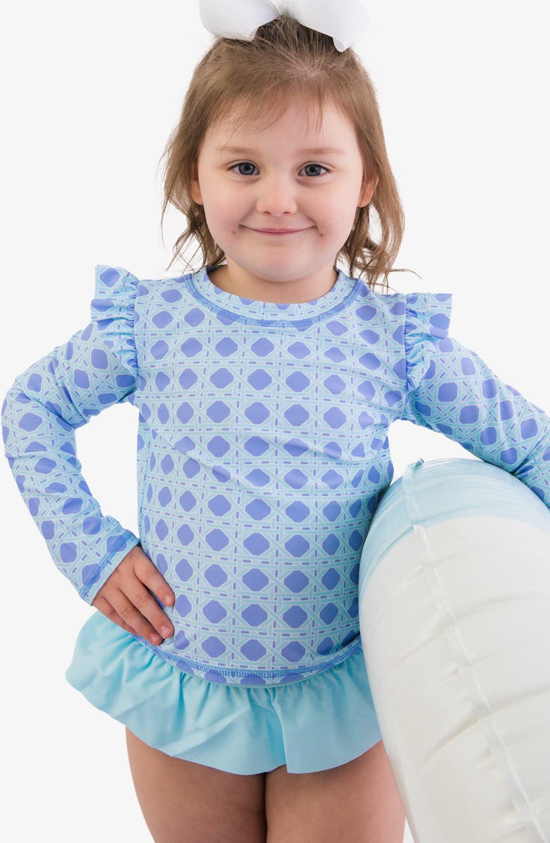 RuffleButts Kids' Periwinkle Ruffle Long Sleeve Two-Piece Rashguard Swimsuit, Alternate, color, Blue