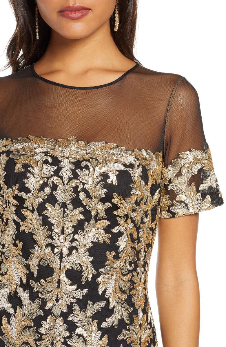 Tadashi Shoji Sheer Yoke Sequin Cocktail Dress, Alternate, color, 