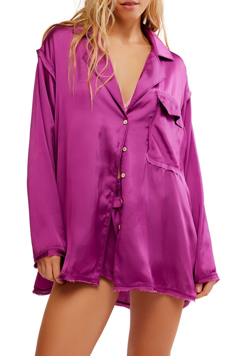 Like Honey Long-Sleeve Satin Pajama Shirt, Main, color, VIVID VIOLA