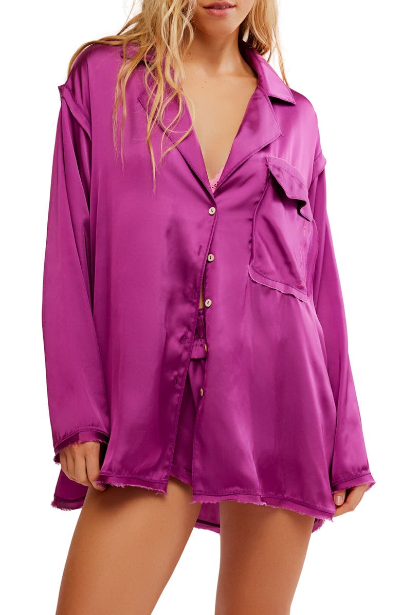 Free People Like Honey Long-Sleeve Satin Pajama Shirt, Main, color, Vivid Viola