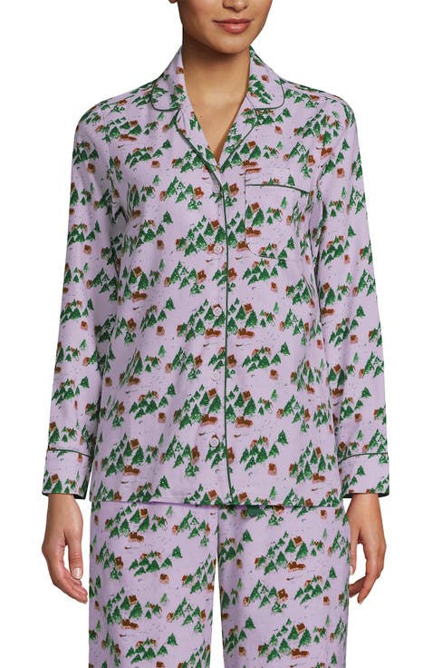 Long Sleeve Print Flannel Pajama Top