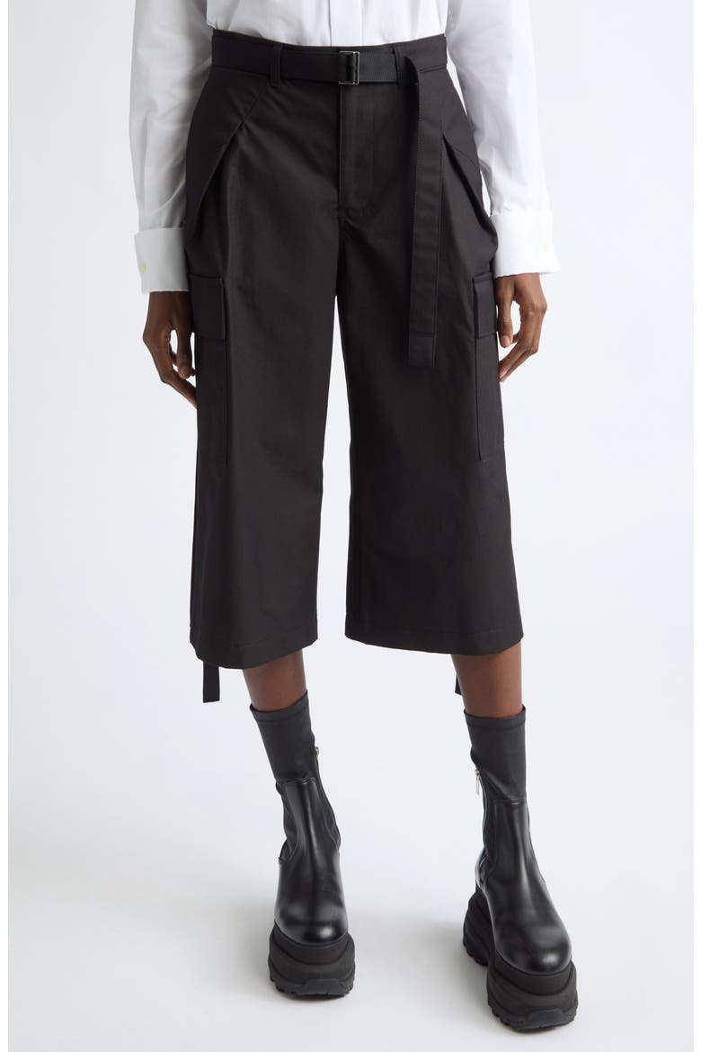 Weather Coated Cotton Twill Cargo Wide Leg Crop Pants, Main, color, BLACK