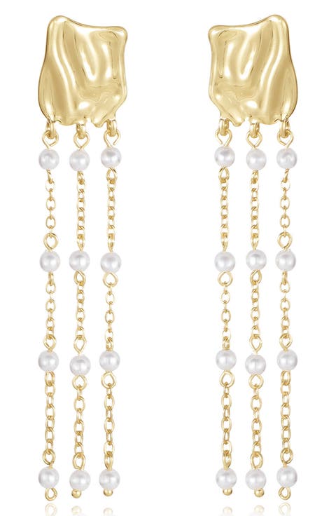 Faux Pearl Triple Chain Drop Earrings