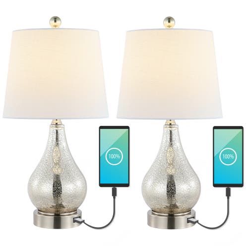 Jonathan Y Dino 21" Farmhouse Industrial Iron/glass Led Table Lamp With Usb Charging Port, Silver In Silver