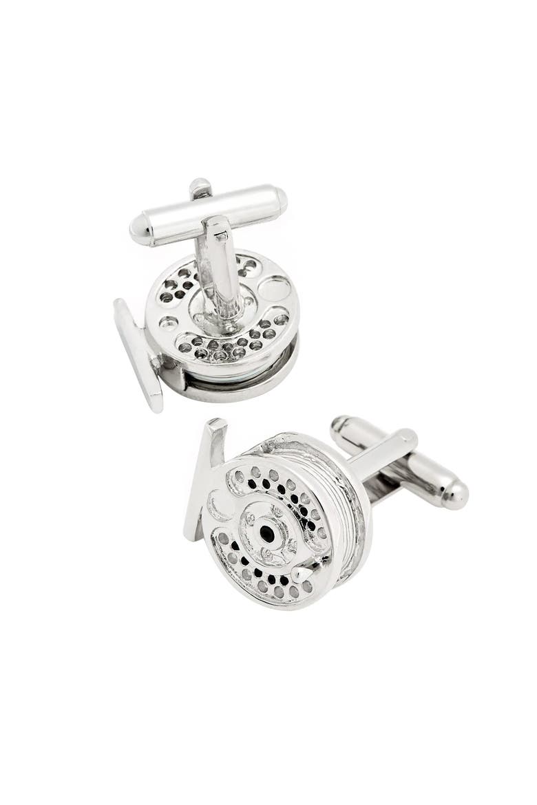 Fly Fishing Reel Cufflinks, Alternate, color, Silver