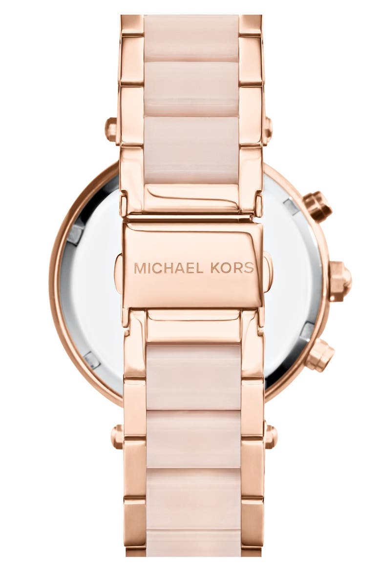 'Parker' Blush Acetate Link Chronograph Watch, 39mm, Alternate, color, ROSE GOLD