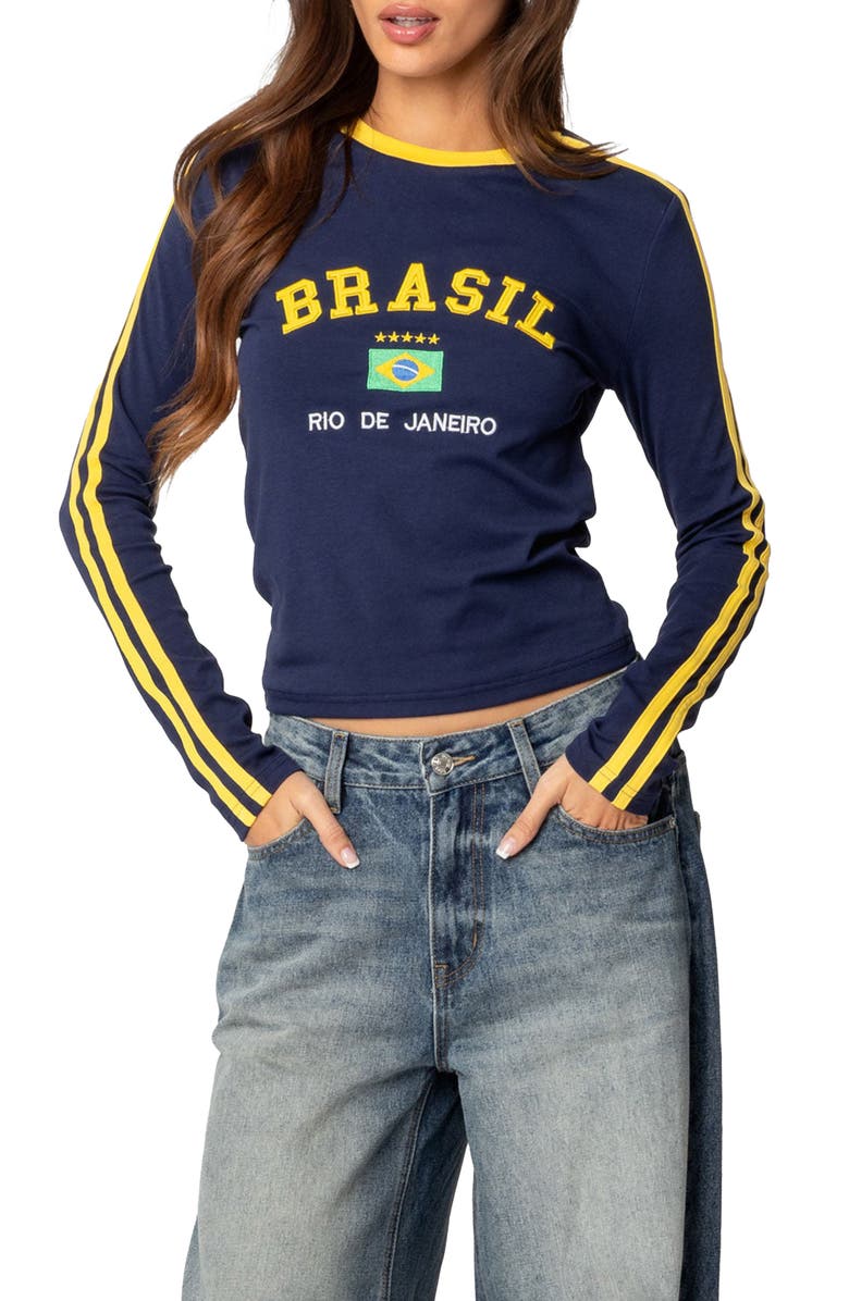 EDIKTED Brasil Long Sleeve T-Shirt, Main, color, Navy