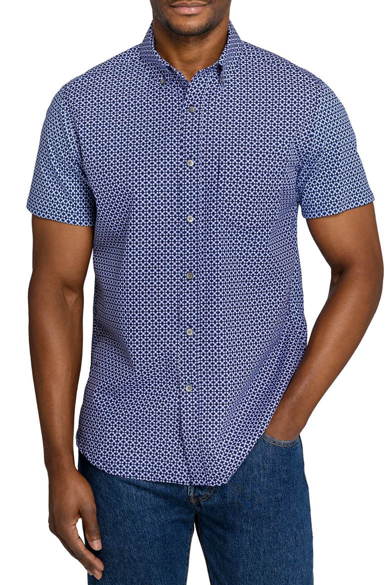 Geometric Short Sleeve Button-Down Shirt, Alternate, color, NAVY