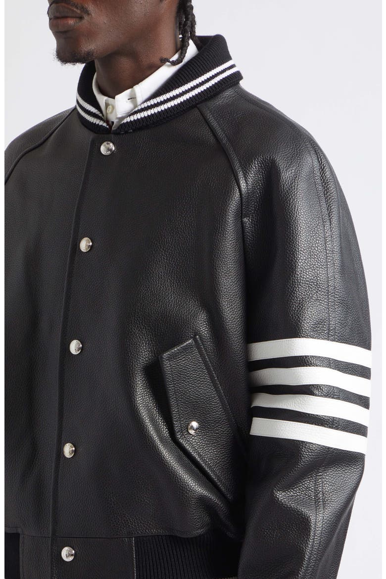 4-Bar Raglan Sleeve Leather Varsity Jacket, Alternate, color, BLACK