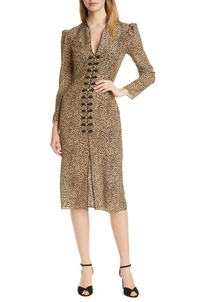 SALONI Andrea Cheetah Print Long Sleeve Silk Dress, Main, color,