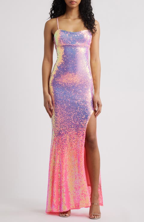 Ombré Sequin Lace-Up Back Gown