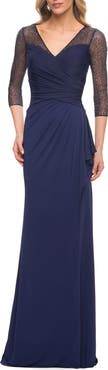 La Femme Jersey Long Dress with Beading and Ruffle Skirt
