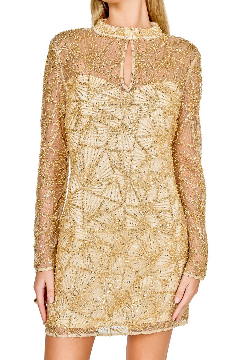 Sequin Beaded Mesh Long Sleeve Minidress, Alternate, color, GOLD