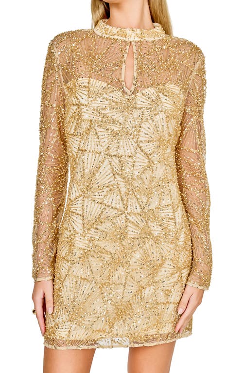 Endless Rose Sequin Beaded Mesh Long Sleeve Minidress In Gold
