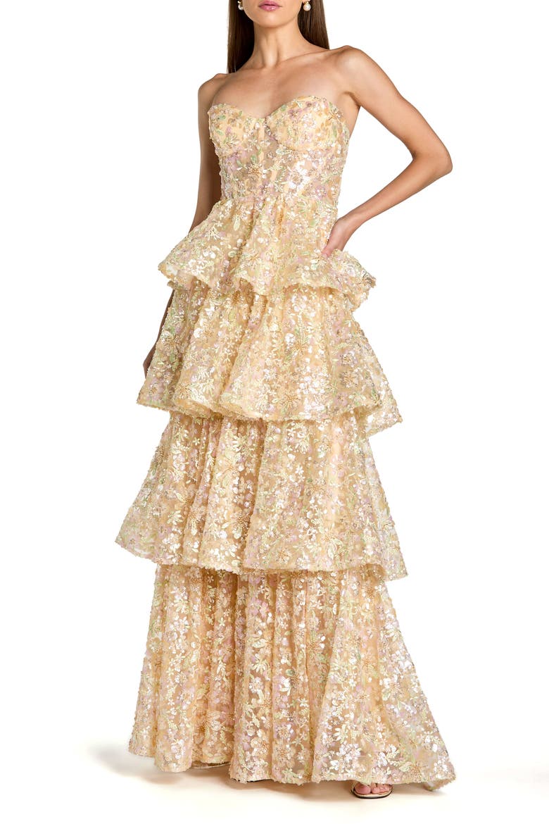 Strapless Sweetheart Neck Tiered Ruffle Gown, Main, color, Nude Multi