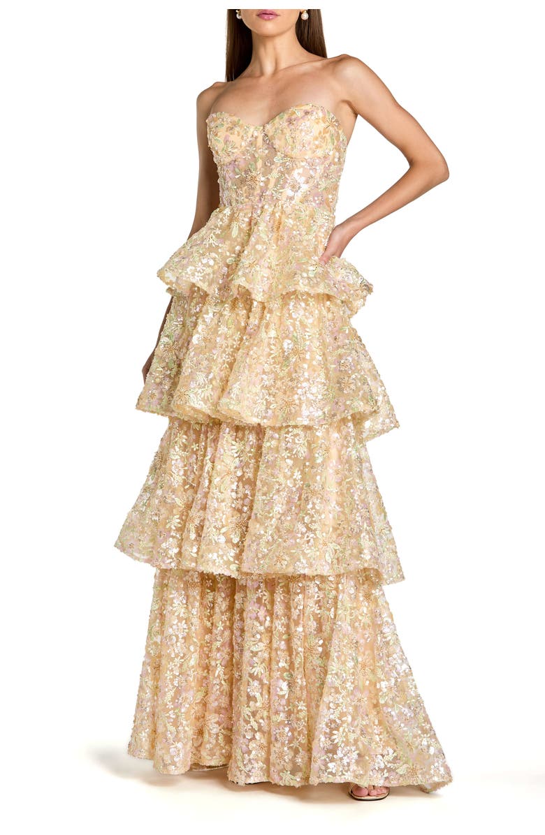 Mac Duggal Strapless Sweetheart Neck Tiered Ruffle Gown, Main, color, Nude Multi
