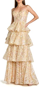 Mac Duggal Strapless Sweetheart Neck Tiered Ruffle Gown