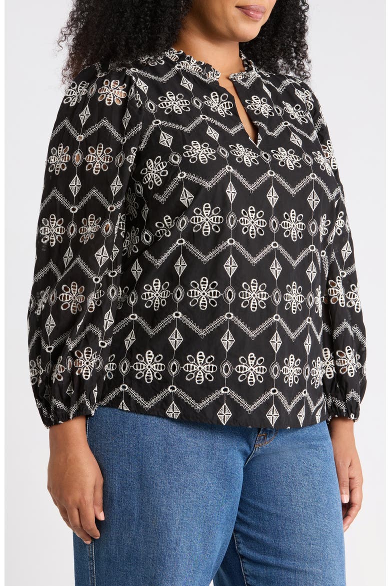 Embroidered Ruffle Split Neck Top, Alternate, color, BLACK IVORY