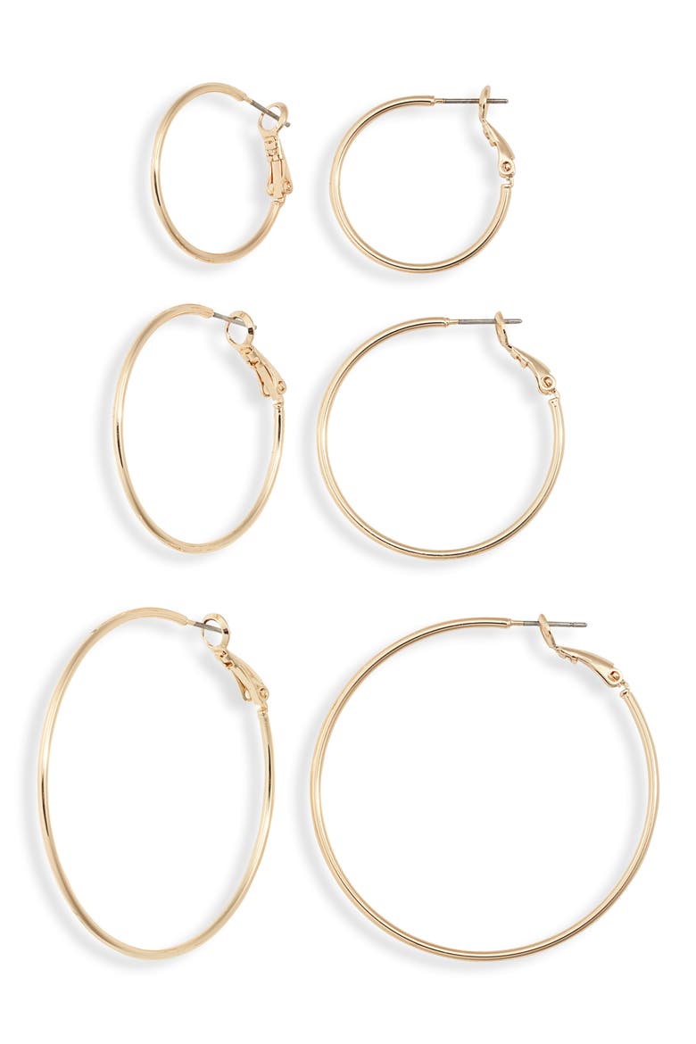 Set of 3 Thin Essential Hoop Earrings, Main, color, GOLD