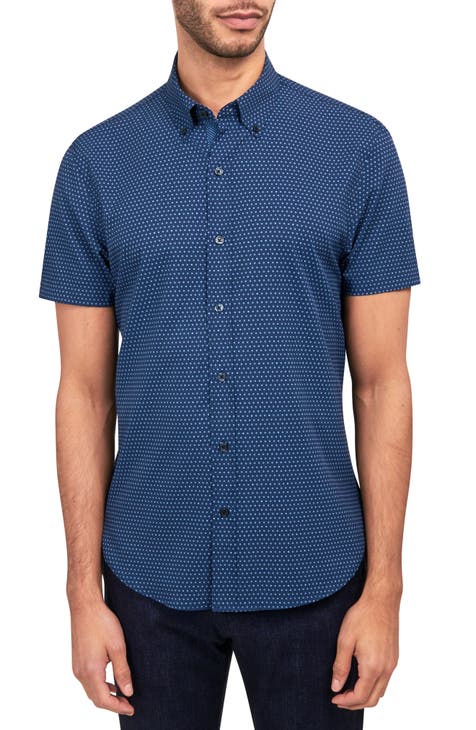 Slim Fit Dot Print Short Sleeve 4-Way Stretch Performance Button-Up Shirt