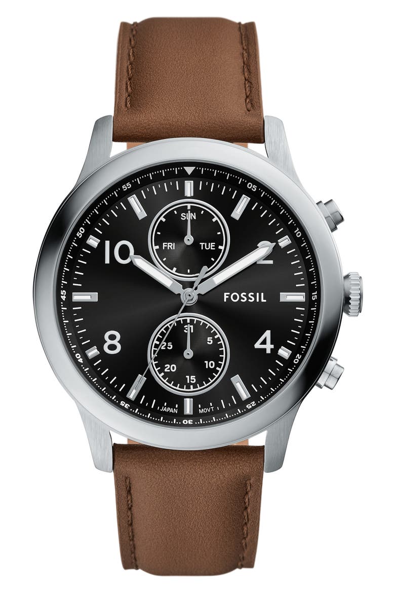 Bennett Multifunction Leather Strap Watch, 45mm, Main, color, SILVER