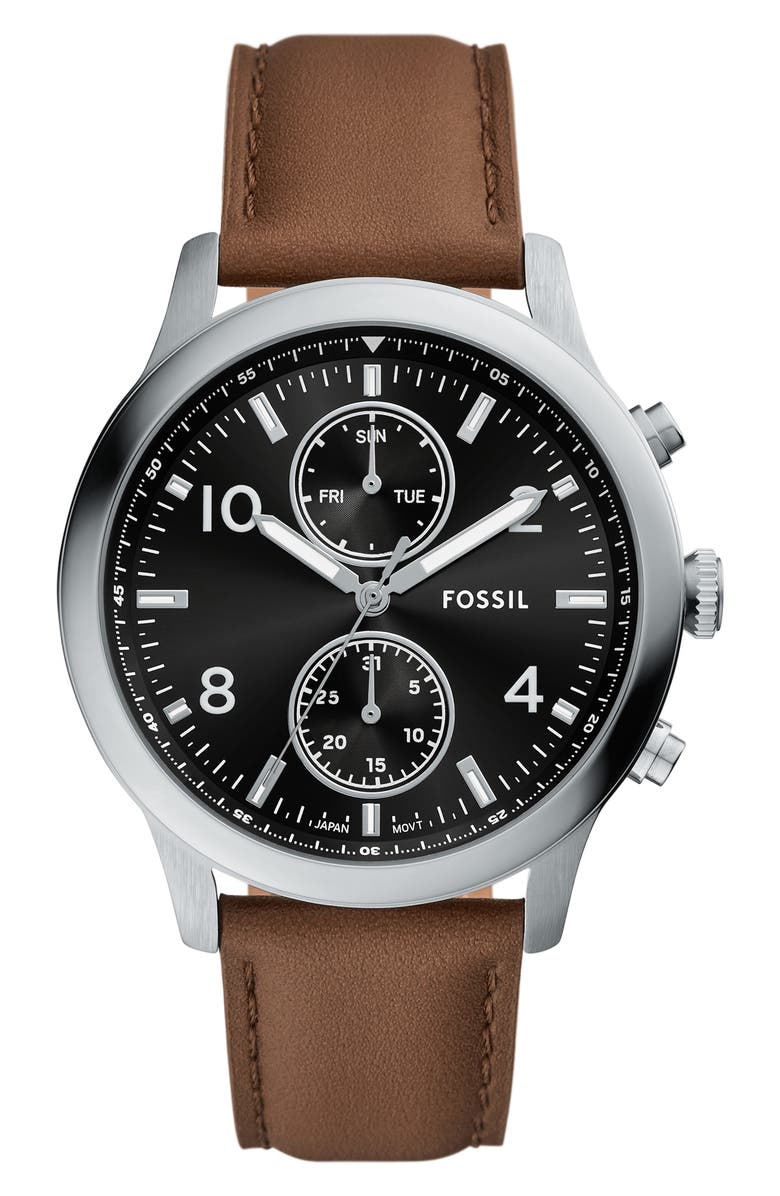 Fossil Bennett Multifunction Leather Strap Watch, 45mm, Main, color, Silver
