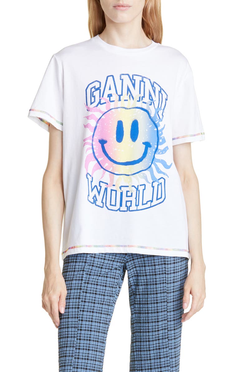 Ganni Smiley Organic Cotton Graphic Tee, Main, color, 