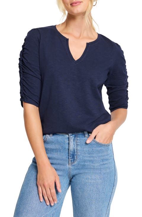 Ruched Elbow Sleeve Split V-Neck T-Shirt