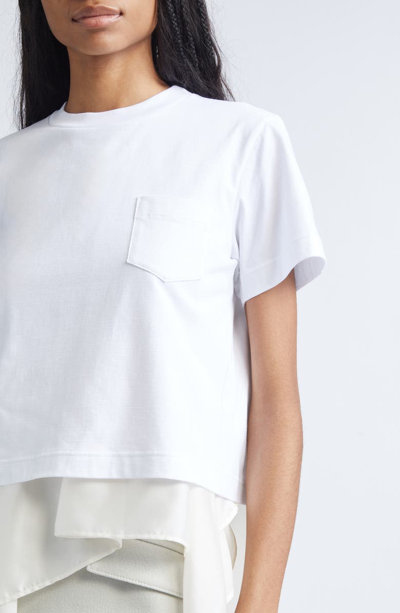 Sacai Mixed Media Satin & Cotton Jersey Pocket T-Shirt, Alternate, color, Off White/ Ecru