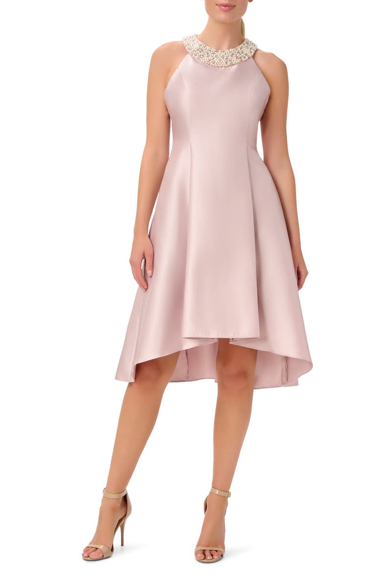 Adrianna Papell Imitation Pearl Halter Neck High-Low Mikado Dress, Main, color, 